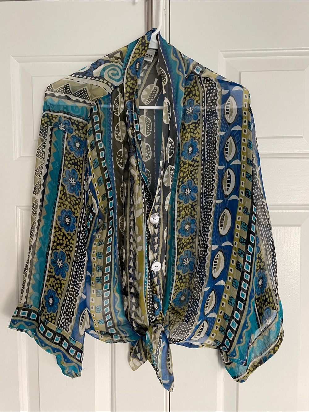 Chico's Sheer Tie-Front Blouse in Blue, Green & Black